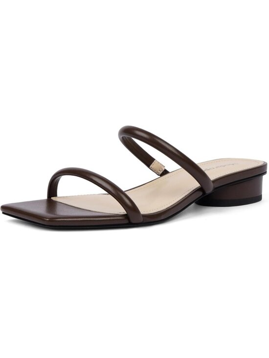 Shoes - Women's Chocolate Faux Leather Two Strap Chunky Square Open Toe Low Heel Sandals
